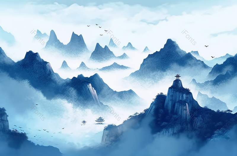 中式蓝色水墨山水画,插画/手绘图,插画/手绘图库,插画/手绘图下载,插画/手绘